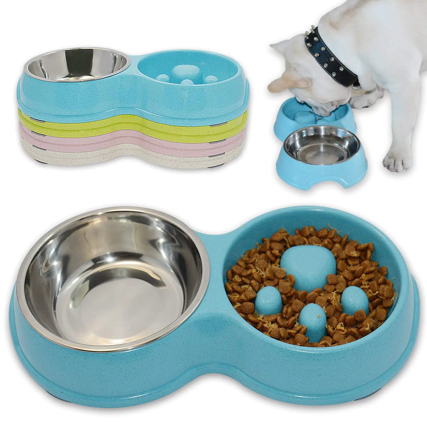 Dual Anti-Slip Pet Bowl Set – Slow Feeder & Stainless Steel Combo for Healthy Eating