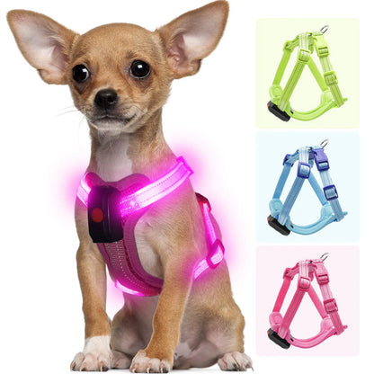 Visiklit™ Rechargeable LED Dog Harness – 360° Glow in the Dark Visibility for Small Dogs – Pink